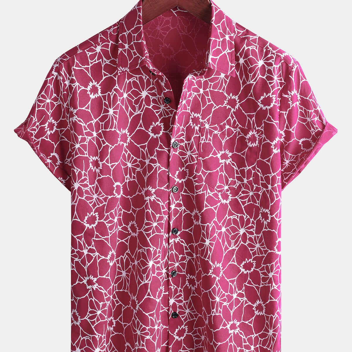 Chemise à manches courtes en coton hawaïen rose fleuri pour hommes