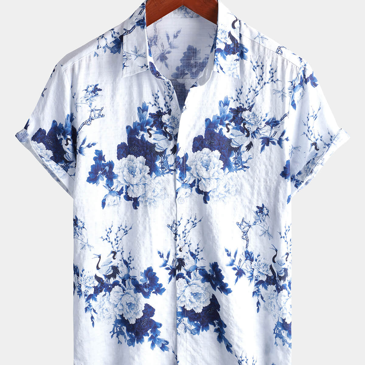 Chemise d'été à manches courtes en coton à fleurs bleues pour hommes