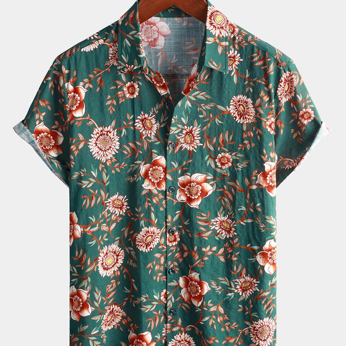 Chemise d'été en coton à manches courtes vintage vert fleuri pour hommes