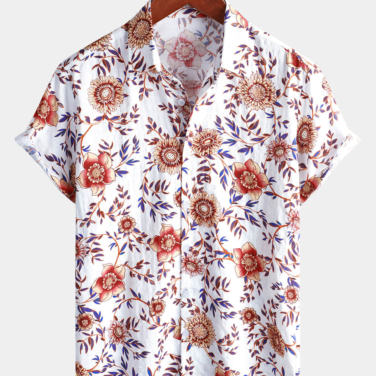 Chemise à manches courtes de plage d'été blanche à fleurs pour hommes