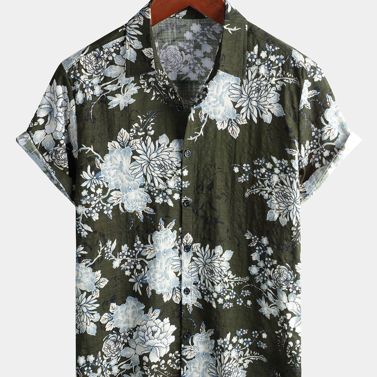 Chemise d'été à manches courtes en coton à fleurs vertes pour hommes