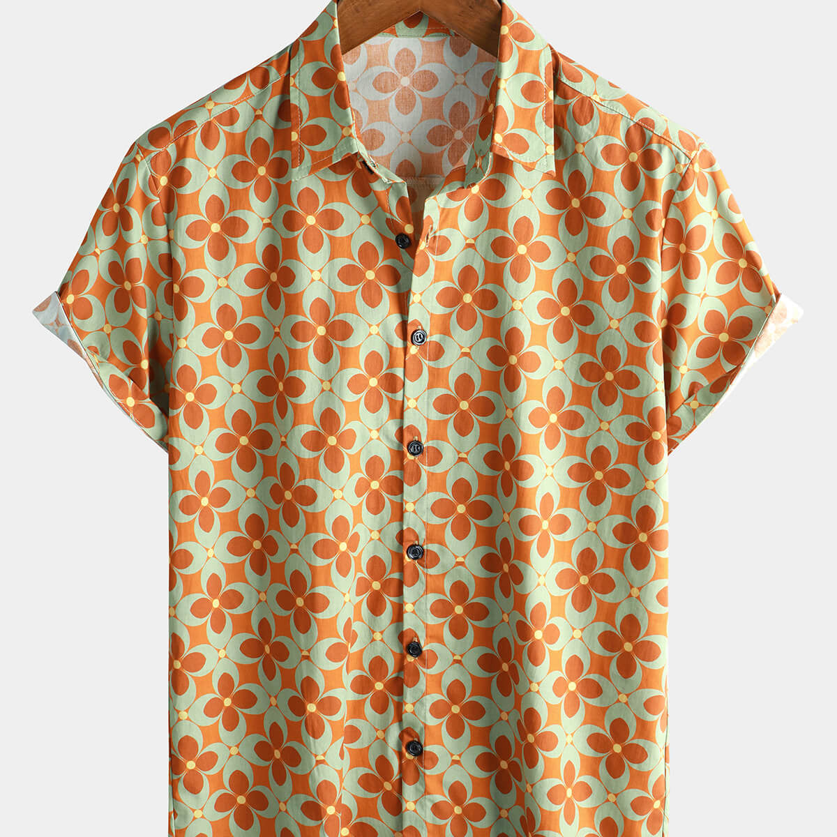 Chemise en coton à manches courtes vintage à fleurs marron pour hommes