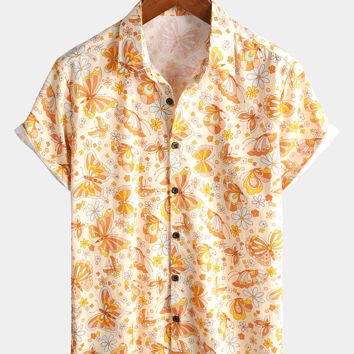Chemise à manches courtes à imprimé floral vintage papillon pour hommes