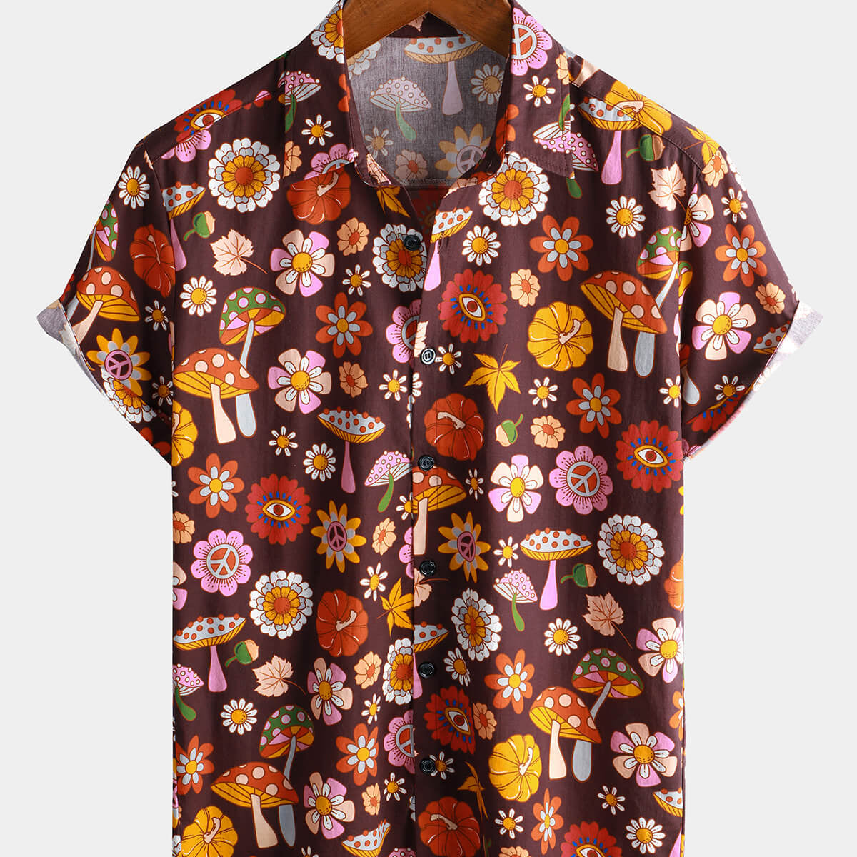 Chemise à manches courtes marron à imprimé floral champignon pour hommes