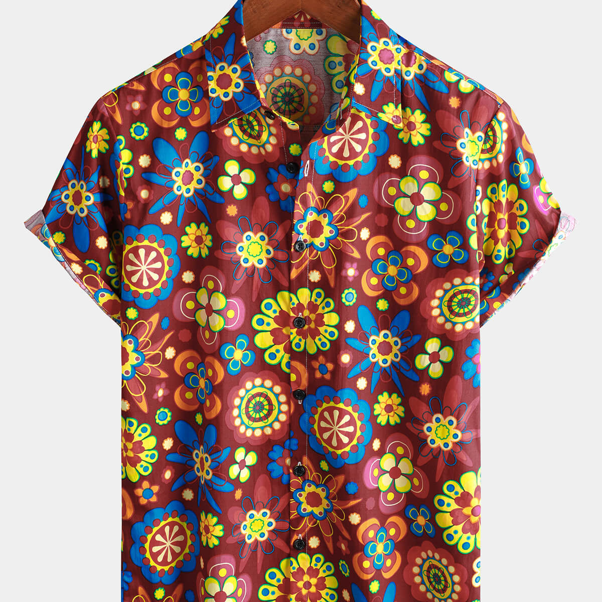 Chemise boutonnée à manches courtes en coton à imprimé floral pour hommes