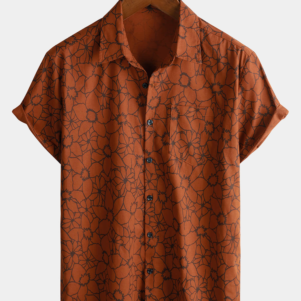 Chemise à manches courtes en coton et lin marron vintage à fleurs pour hommes