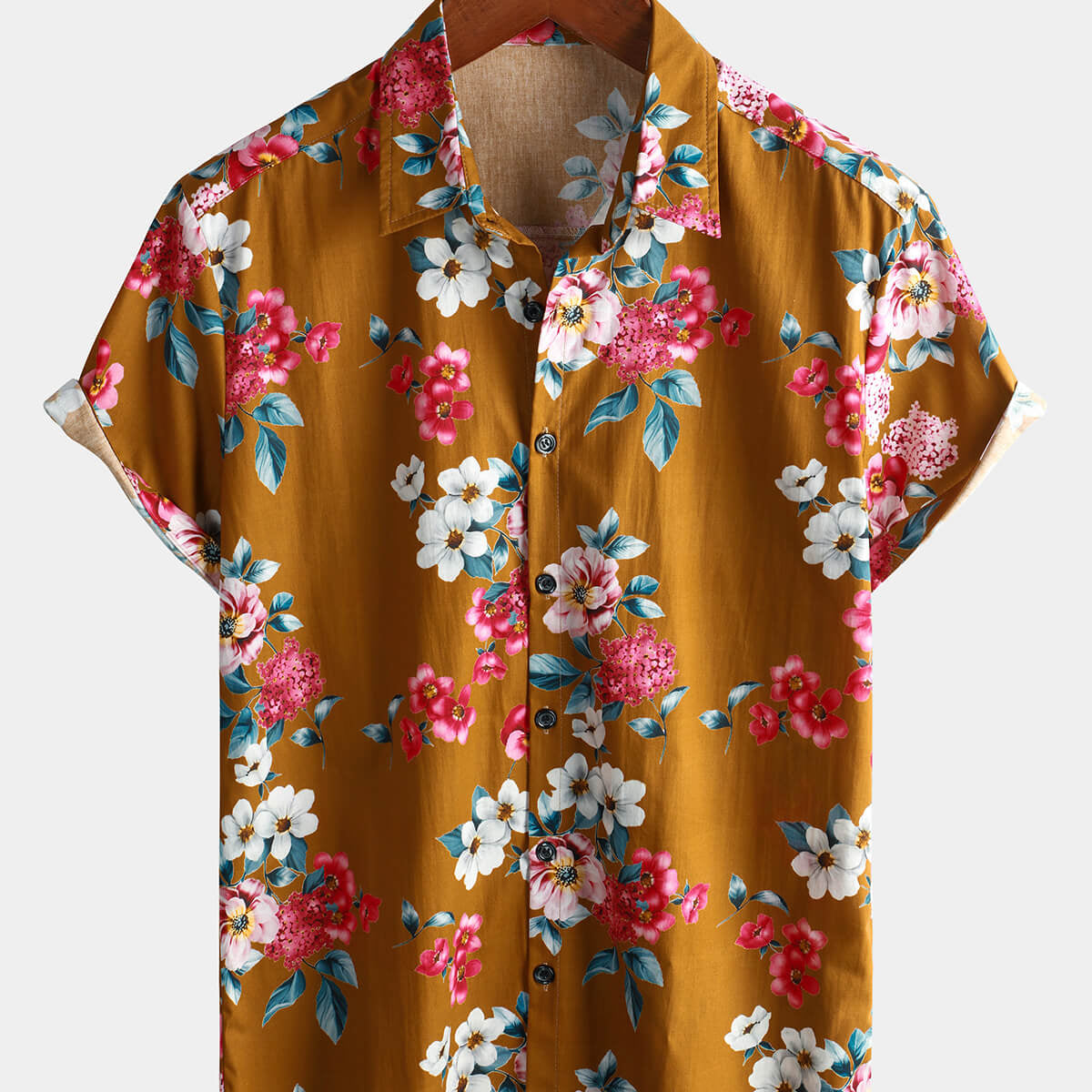 Chemise à manches courtes pour hommes, motif floral marron, en coton hawaïen, pour les vacances à la plage