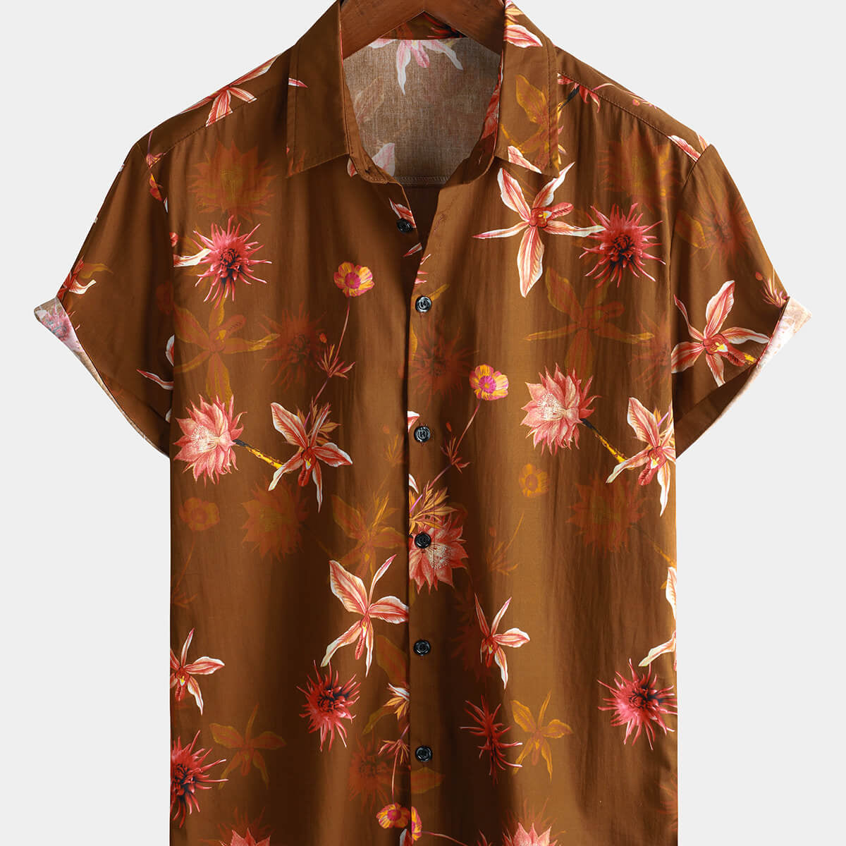 Chemise hawaïenne à manches courtes marron vintage à fleurs pour hommes