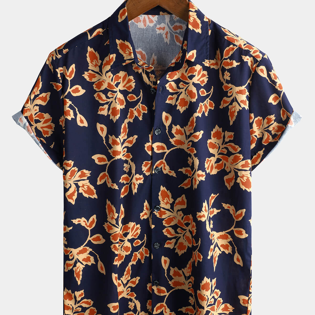 Chemise hawaïenne à manches courtes pour hommes, motif floral, bleu marine, vacances