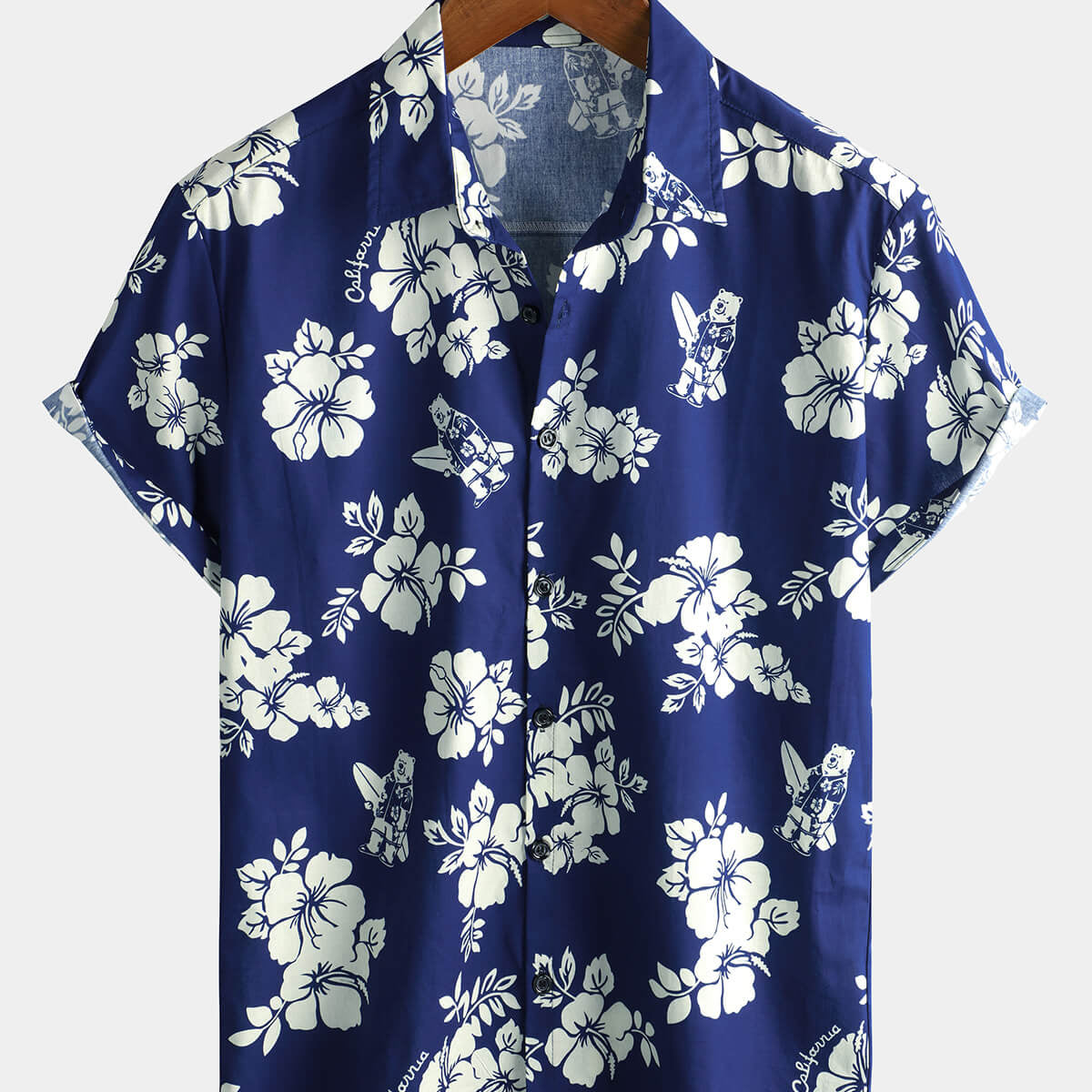 Chemise hawaïenne à manches courtes bleu marine à fleurs pour hommes