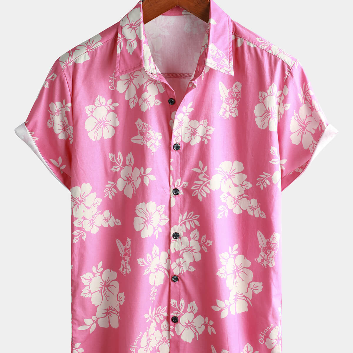 Chemise hawaïenne à manches courtes rose fleurie pour hommes