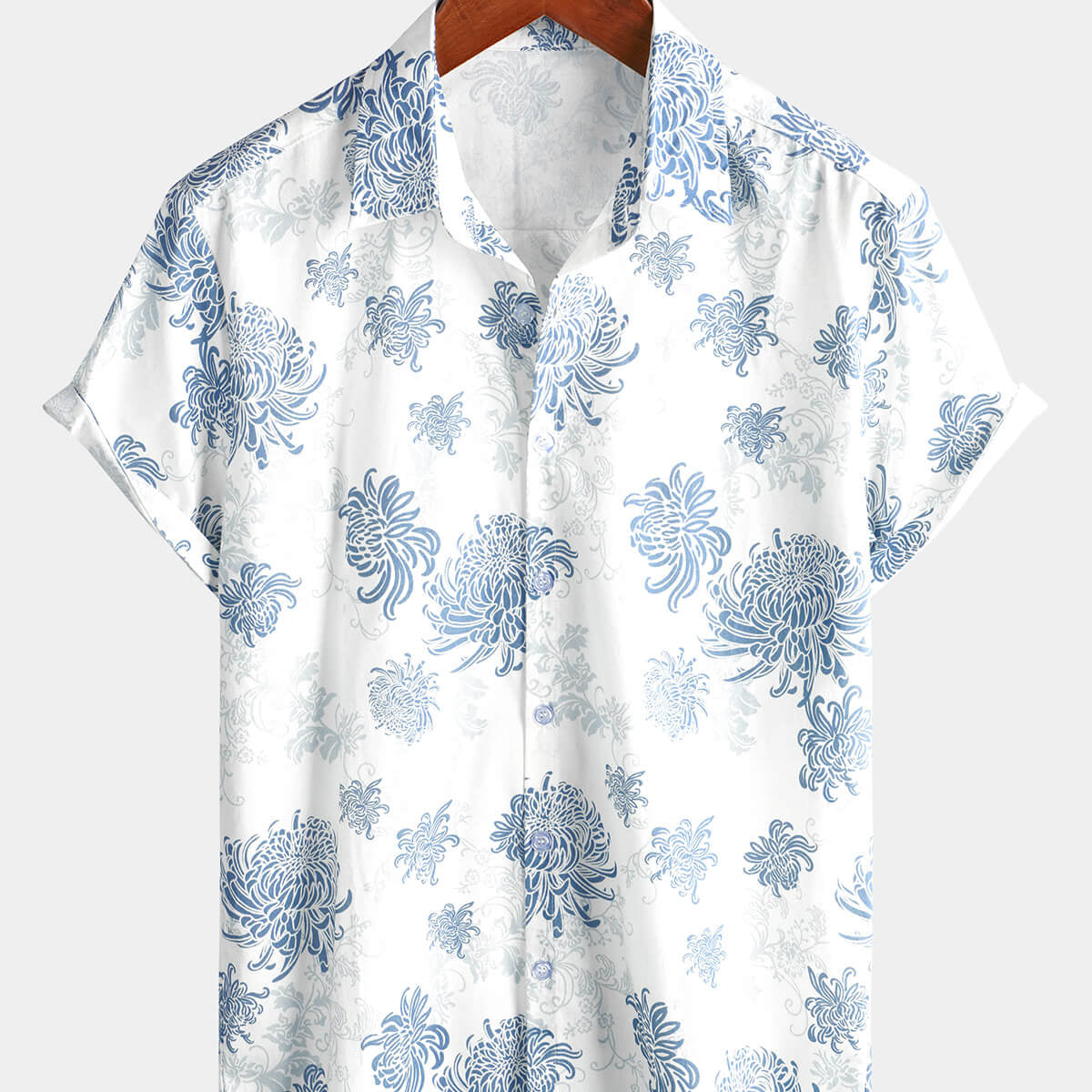 Chemise à manches courtes en coton blanc à fleurs hawaïennes boutonnées pour hommes