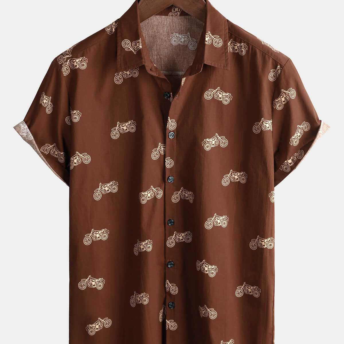 Chemise à manches courtes en coton pour hommes, bouton imprimé moto marron, vacances