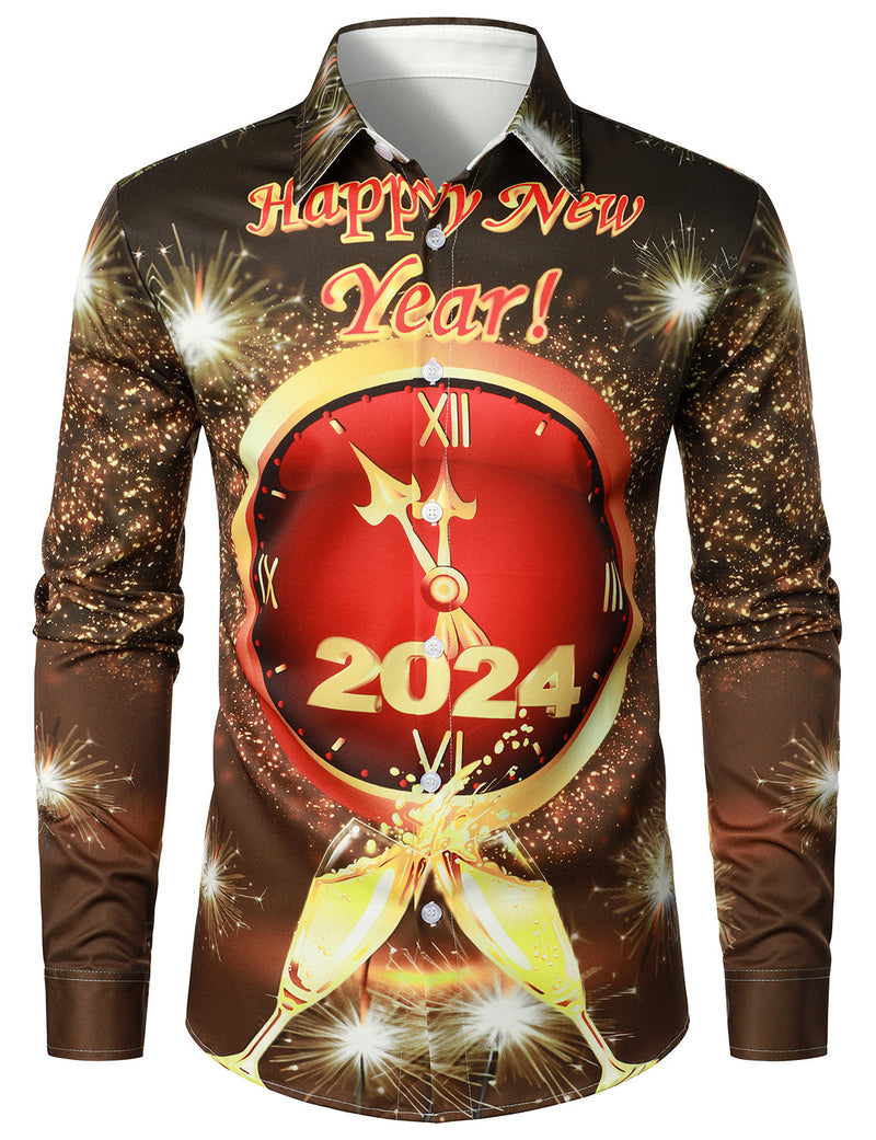 Chemise à manches longues boutonnée pour homme, réveillon du Nouvel An drôle, horloge de compte à rebours 2024