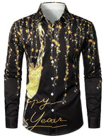 Chemise noire à manches longues pour hommes, fête du réveillon du nouvel an, Cheers amusants, bouton de célébration du Champagne