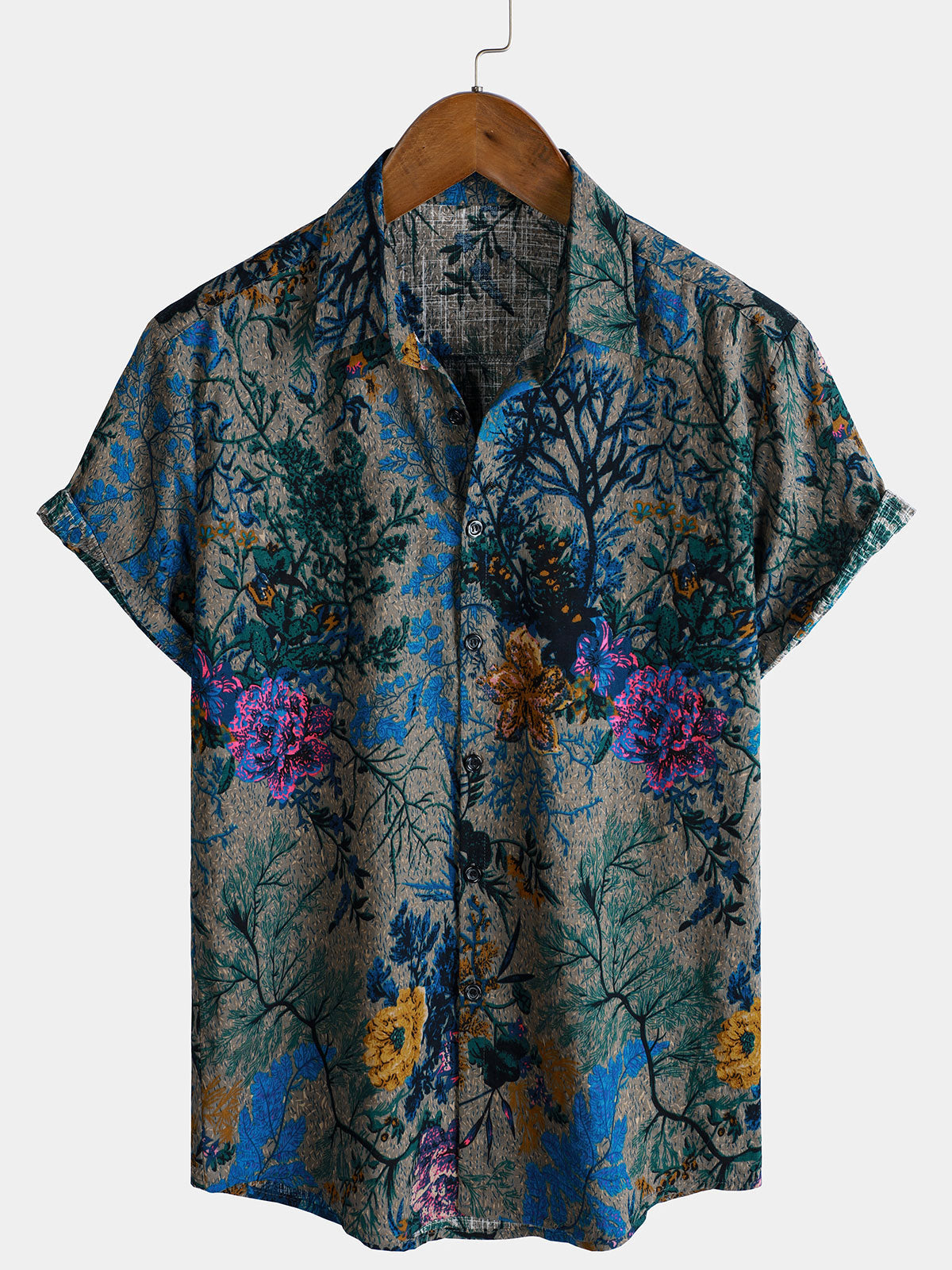Chemise à manches courtes respirante à motif floral rétro pour homme