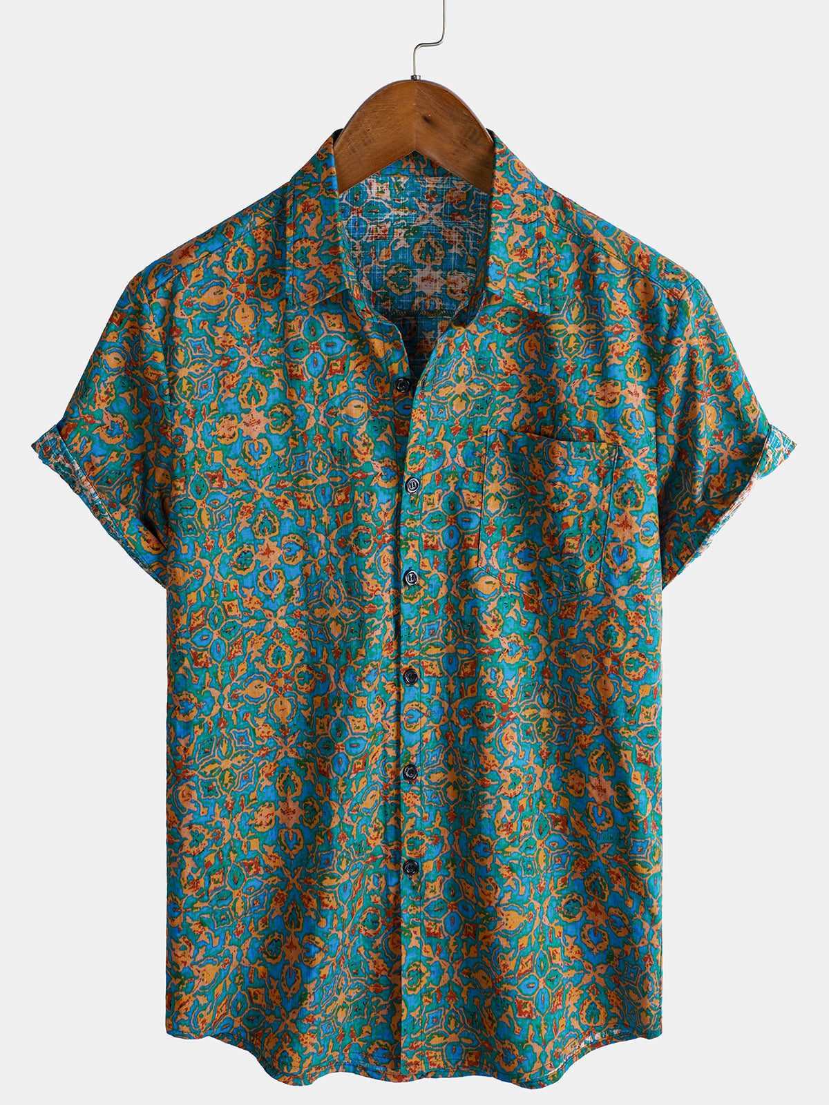 Chemise boutonnée à manches courtes et poches pour homme, style rétro, abstrait