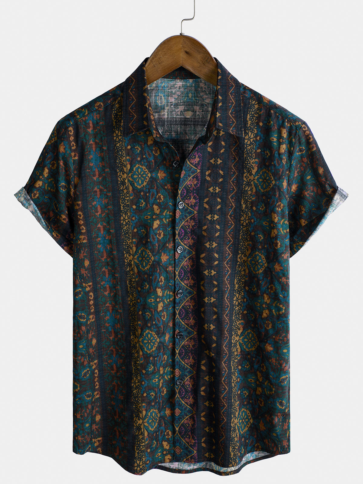 Chemise rayée à imprimé floral rétro bohème pour homme