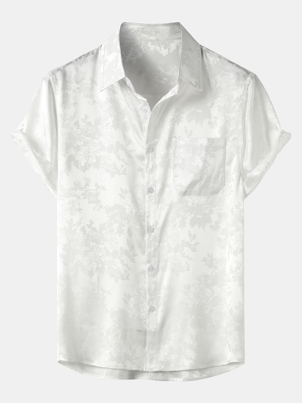 Chemise à manches courtes en satin de soie avec poche jacquard pour hommes