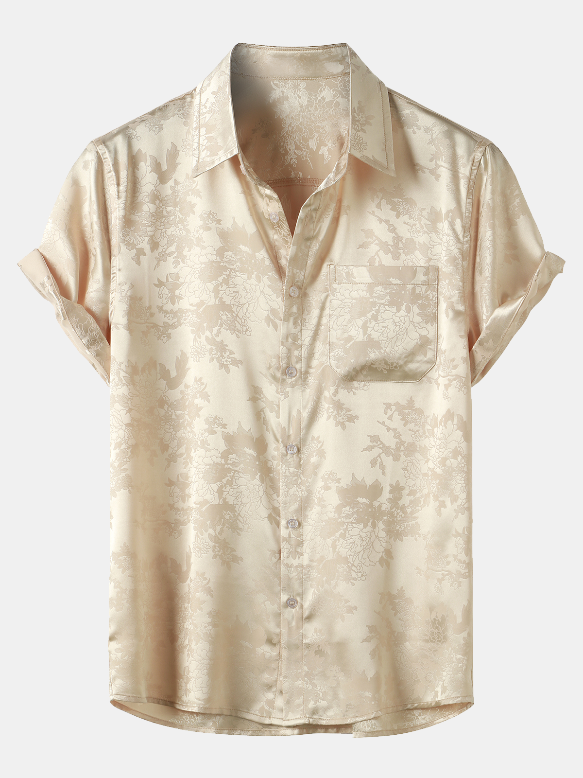 Chemise à manches courtes en satin de soie avec poche jacquard pour hommes