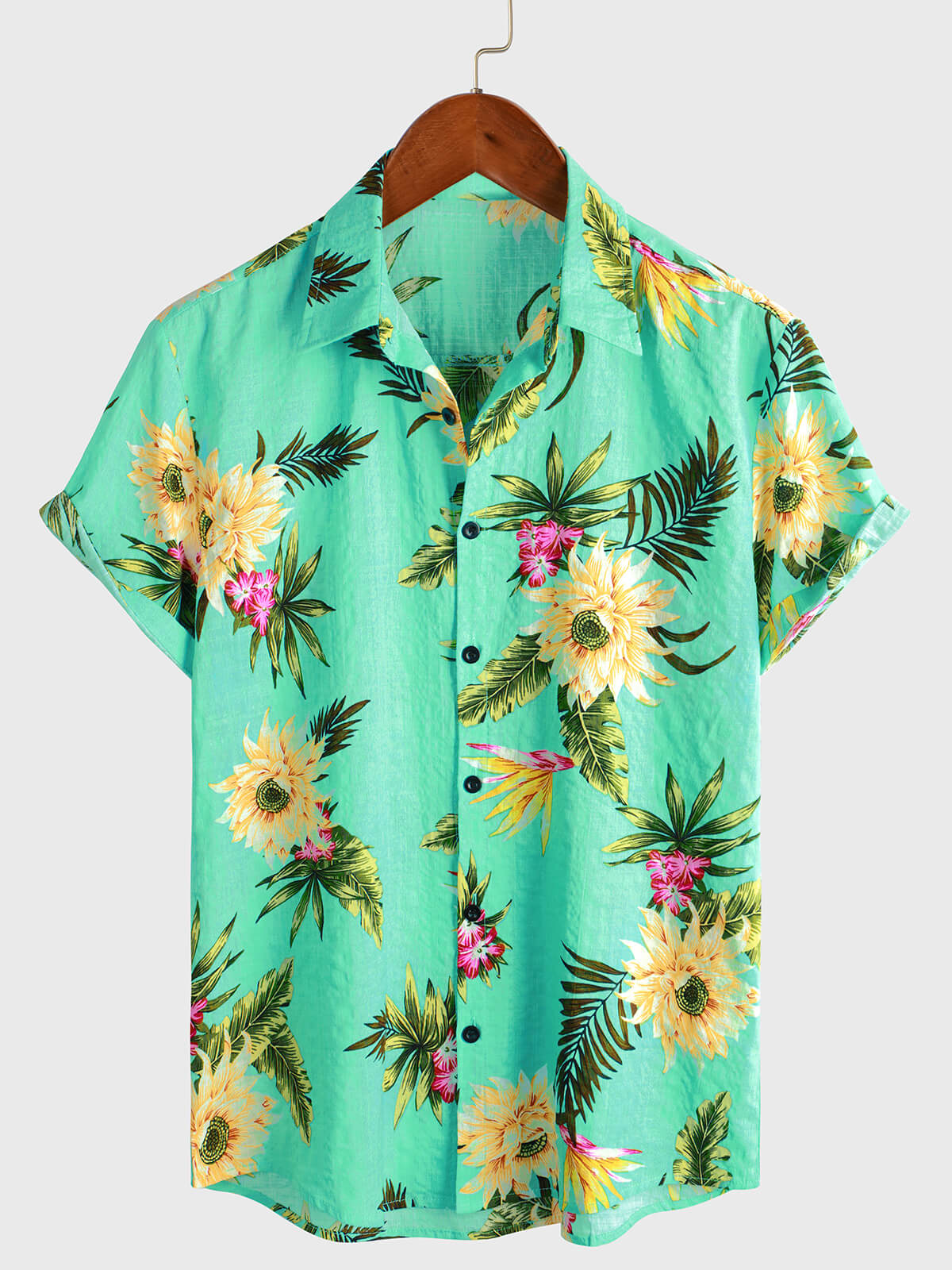 Chemise à manches courtes décontractée à imprimé floral tropical vert clair pour hommes