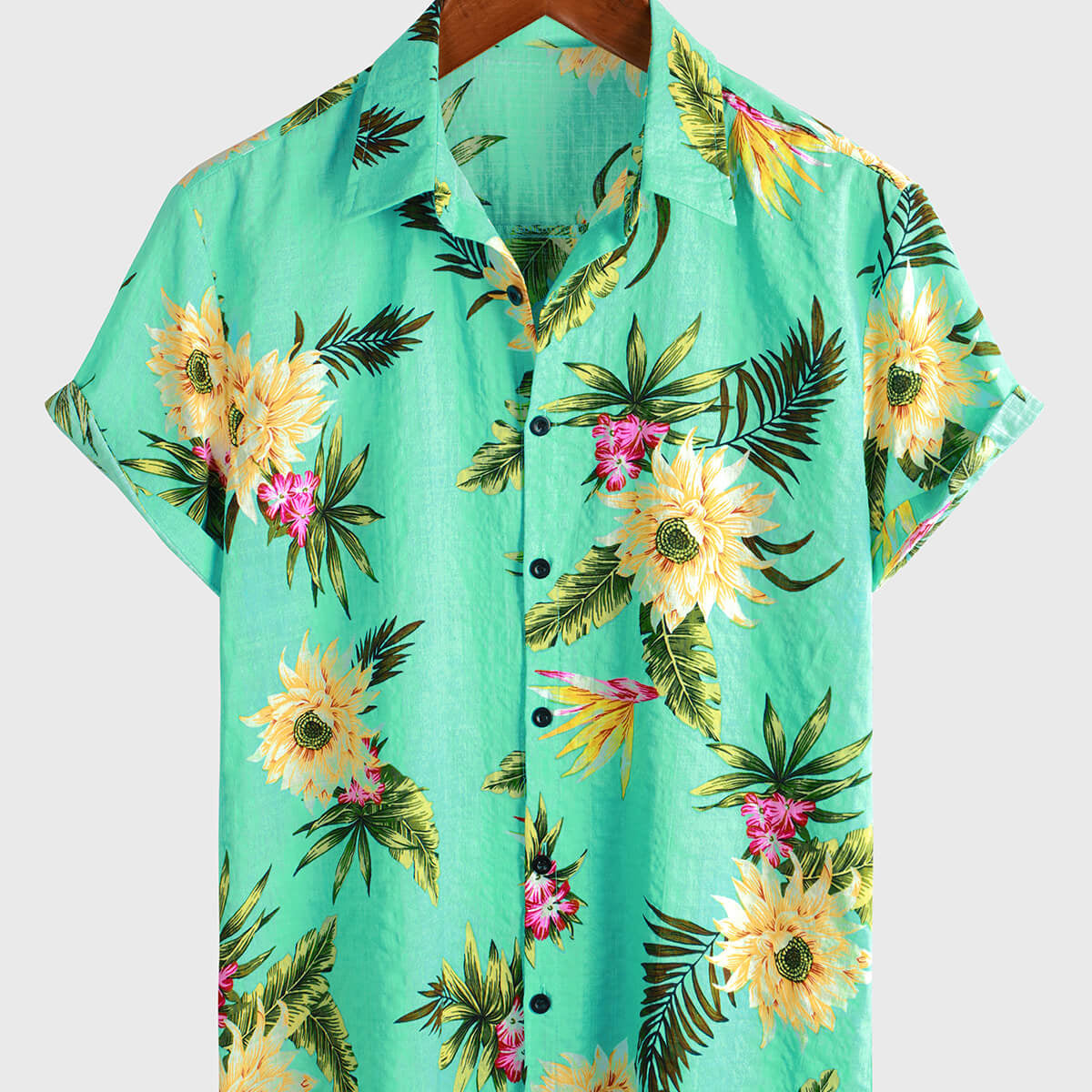 Chemise à manches courtes décontractée à imprimé floral tropical vert clair pour hommes