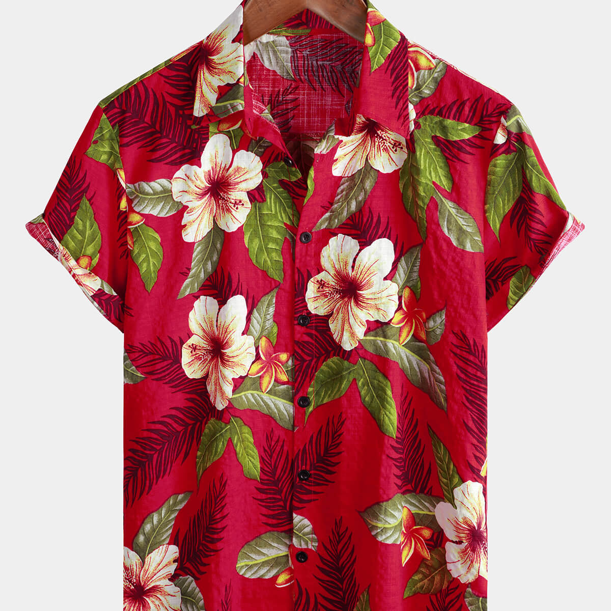 Chemise boutonnée à manches courtes à imprimé floral tropical d'été hawaïen rouge pour homme