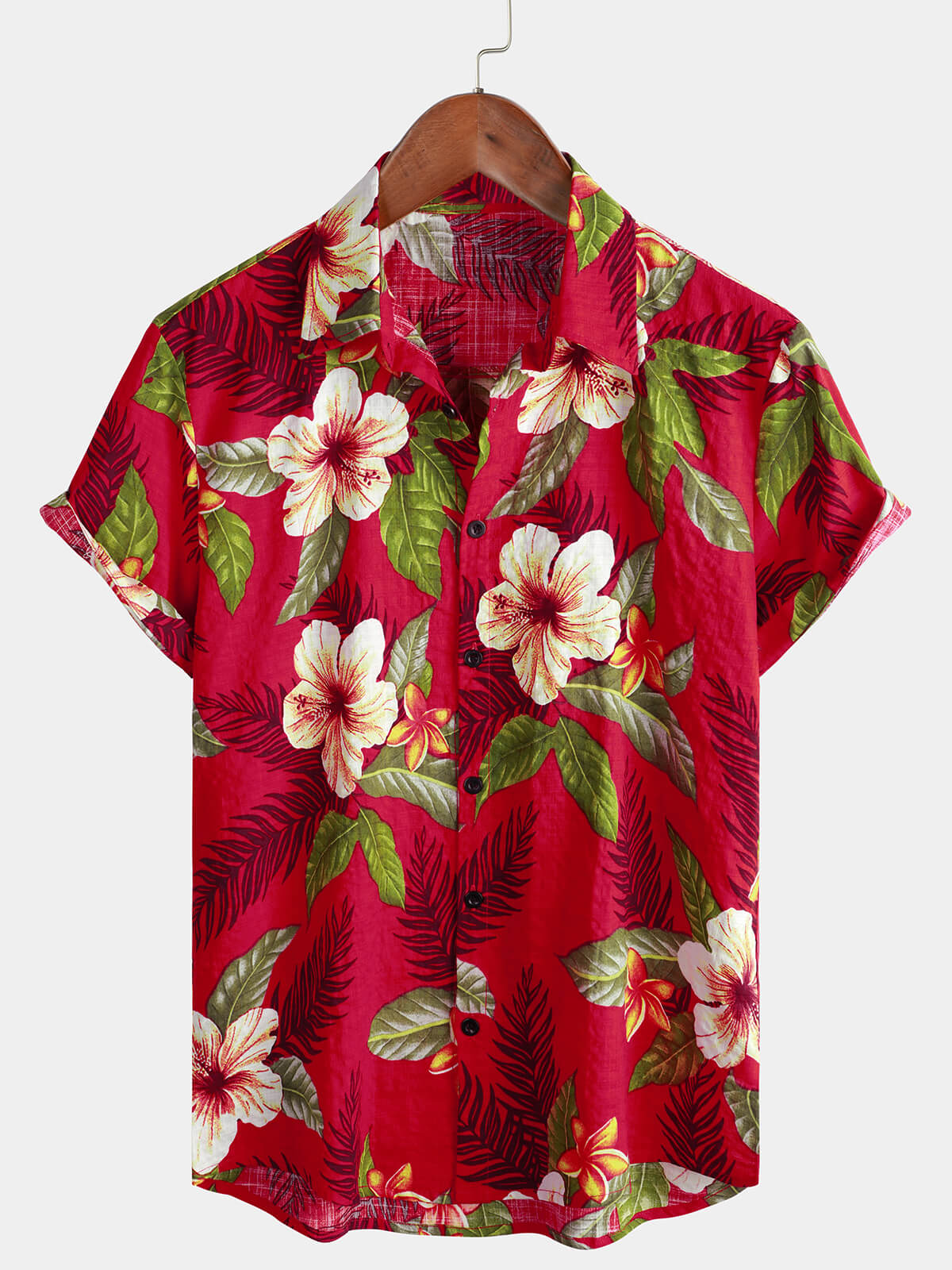 Chemise boutonnée à manches courtes à imprimé floral tropical d'été hawaïen rouge pour homme