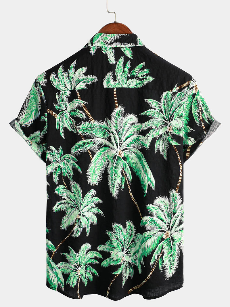 Chemise à manches courtes boutonnée pour homme Palm Tree Beach Summer Black Hawaiian Holiday Tropical