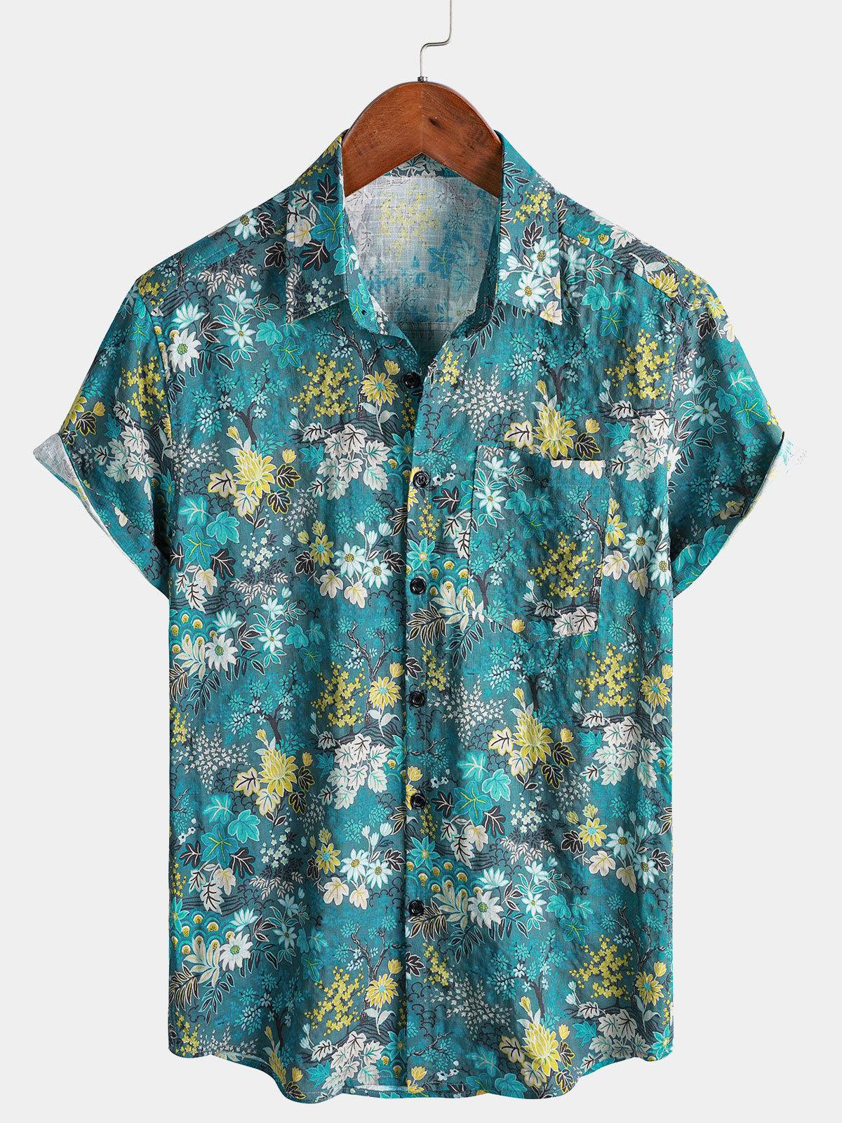 Chemise Homme Hawaïenne Tropicale Blanche et Jaune à Imprimé Floral avec Poche Poitrine Manches Courtes