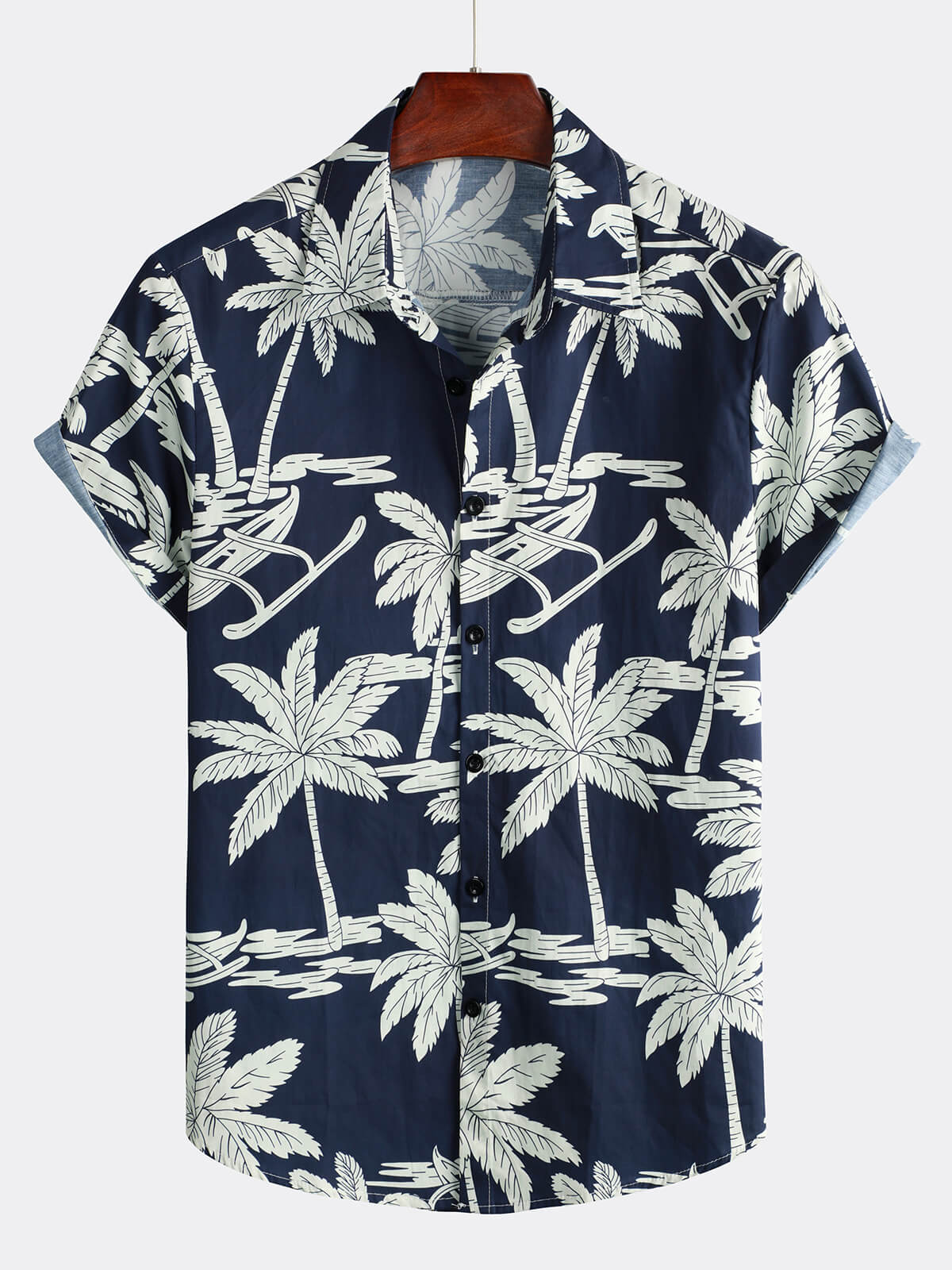 Chemise hawaïenne à manches courtes en coton imprimé palmier bleu marine pour homme