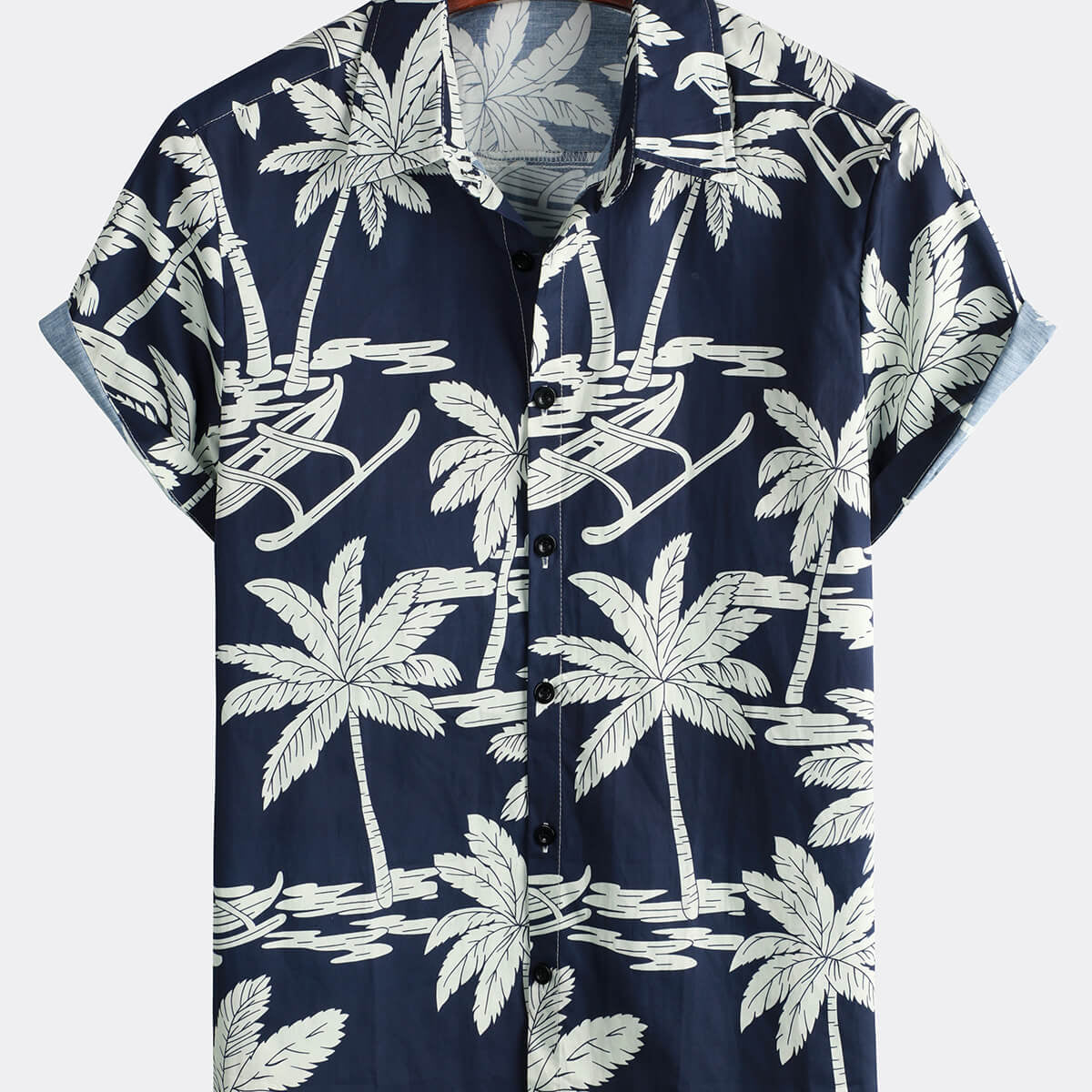 Chemise hawaïenne à manches courtes en coton imprimé palmier bleu marine pour homme