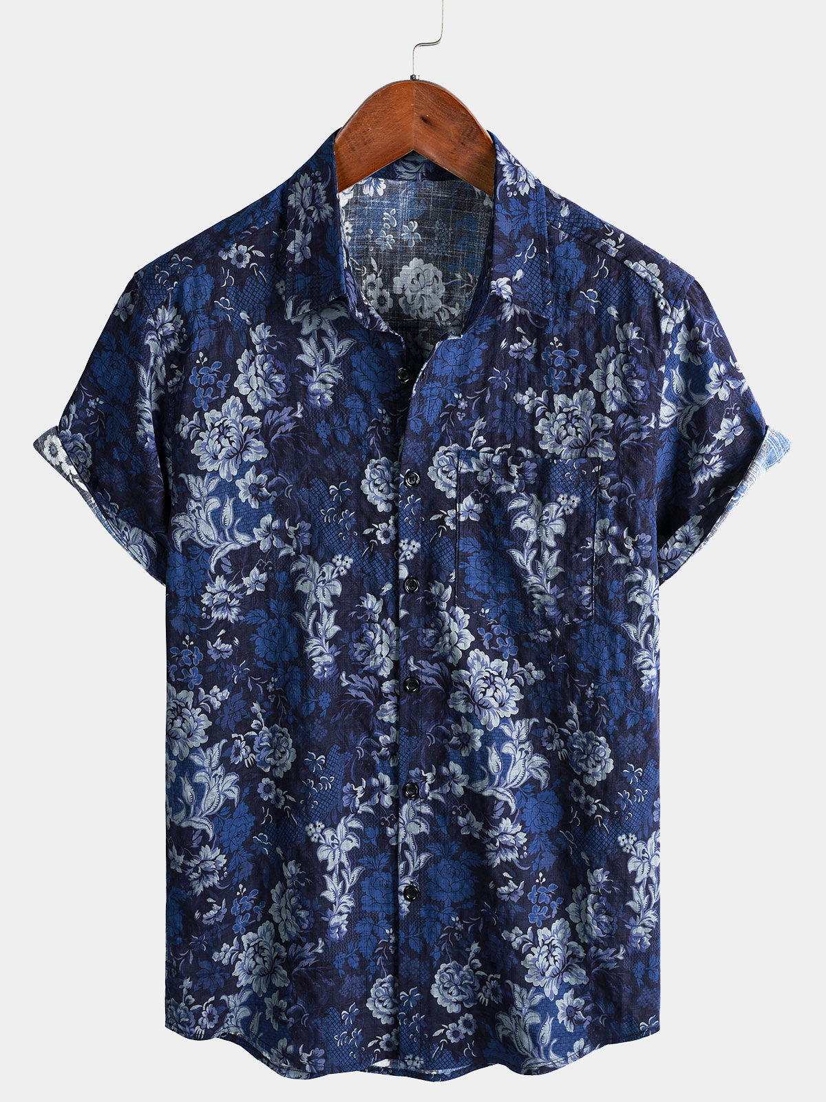 Chemise Homme Hawaïenne Bleue à Imprimé Floral en Coton Léger et Respirant avec Poche Poitrine Manches Courtes