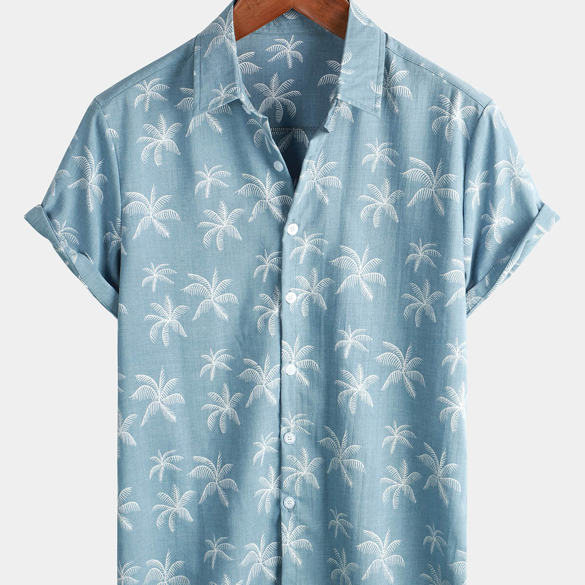 Chemise hawaïenne boutonnée à manches courtes pour homme avec imprimé palmiers en coton tropical d'été bleu plage