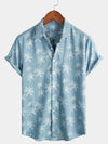 Chemise hawaïenne boutonnée à manches courtes pour homme avec imprimé palmiers en coton tropical d'été bleu plage