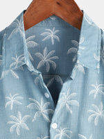 Chemise hawaïenne boutonnée à manches courtes pour homme avec imprimé palmiers en coton tropical d'été bleu plage