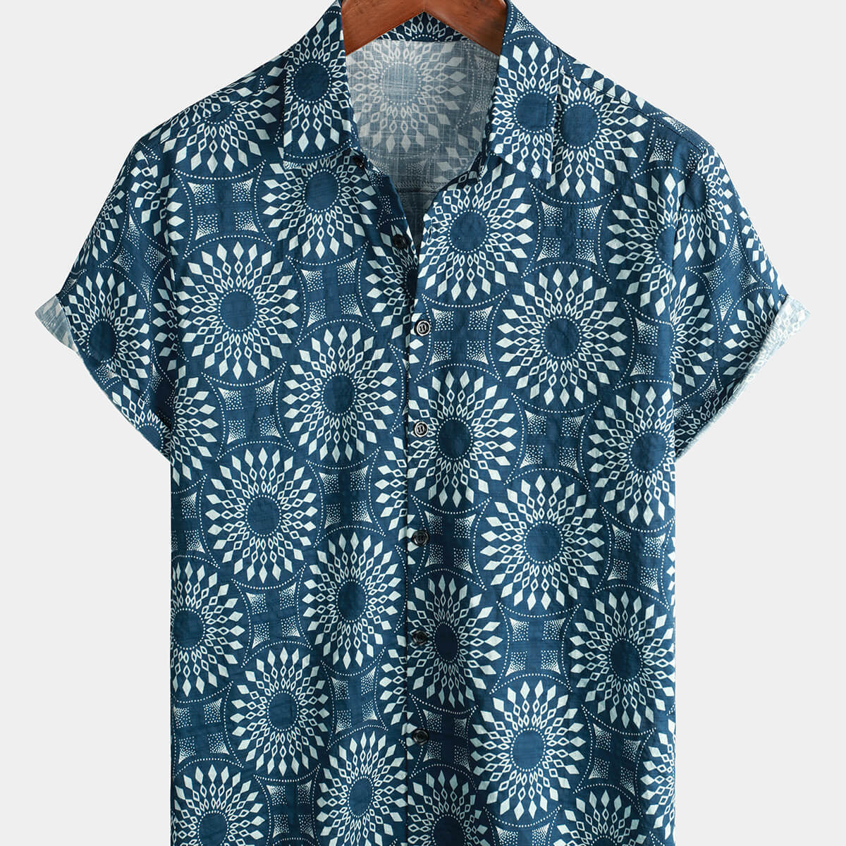 Chemise boutonnée à manches courtes en coton pour hommes des années 70 Loisirs Vintage Bleu Retro Resort Summer Beach