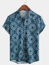 Chemise boutonnée à manches courtes en coton pour hommes des années 70 Loisirs Vintage Bleu Retro Resort Summer Beach