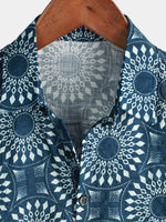 Chemise boutonnée à manches courtes en coton pour hommes des années 70 Loisirs Vintage Bleu Retro Resort Summer Beach