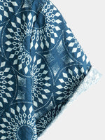 Chemise boutonnée à manches courtes en coton pour hommes des années 70 Loisirs Vintage Bleu Retro Resort Summer Beach