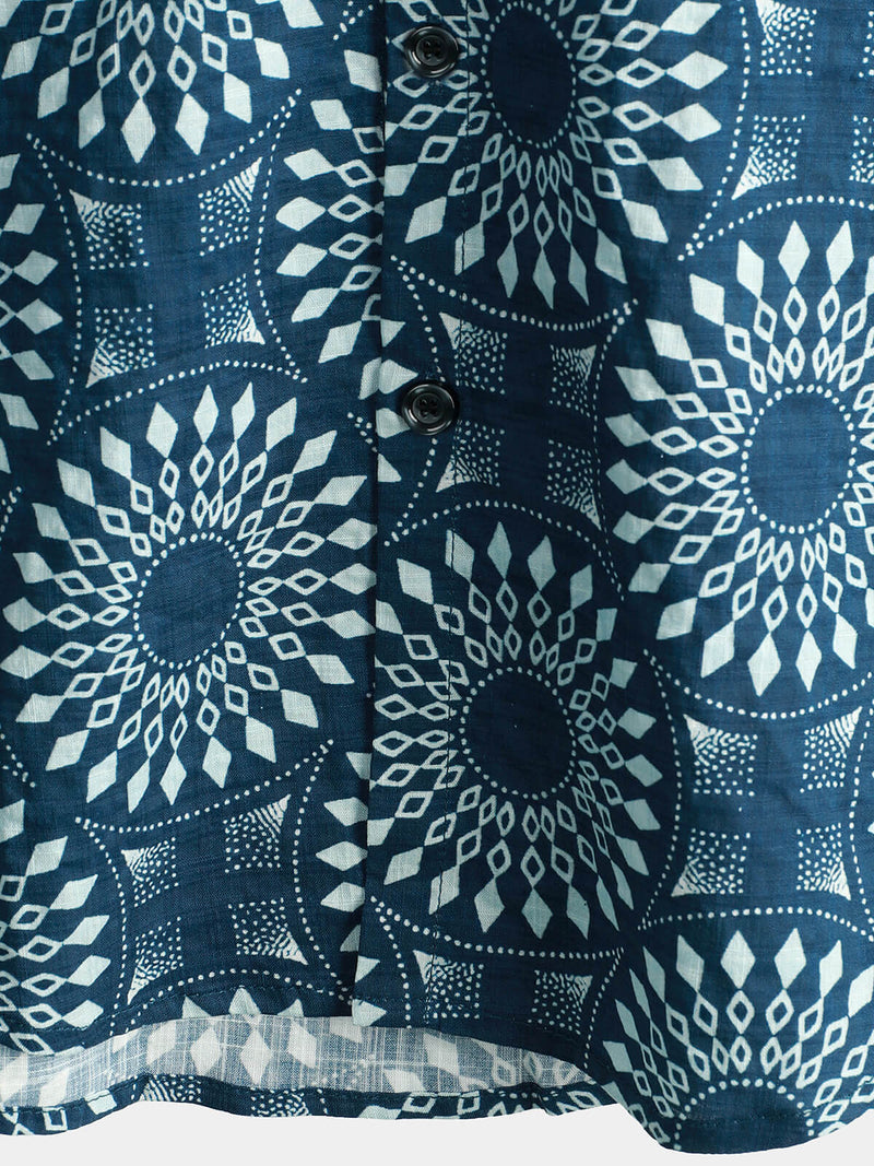 Chemise boutonnée à manches courtes en coton pour hommes des années 70 Loisirs Vintage Bleu Retro Resort Summer Beach