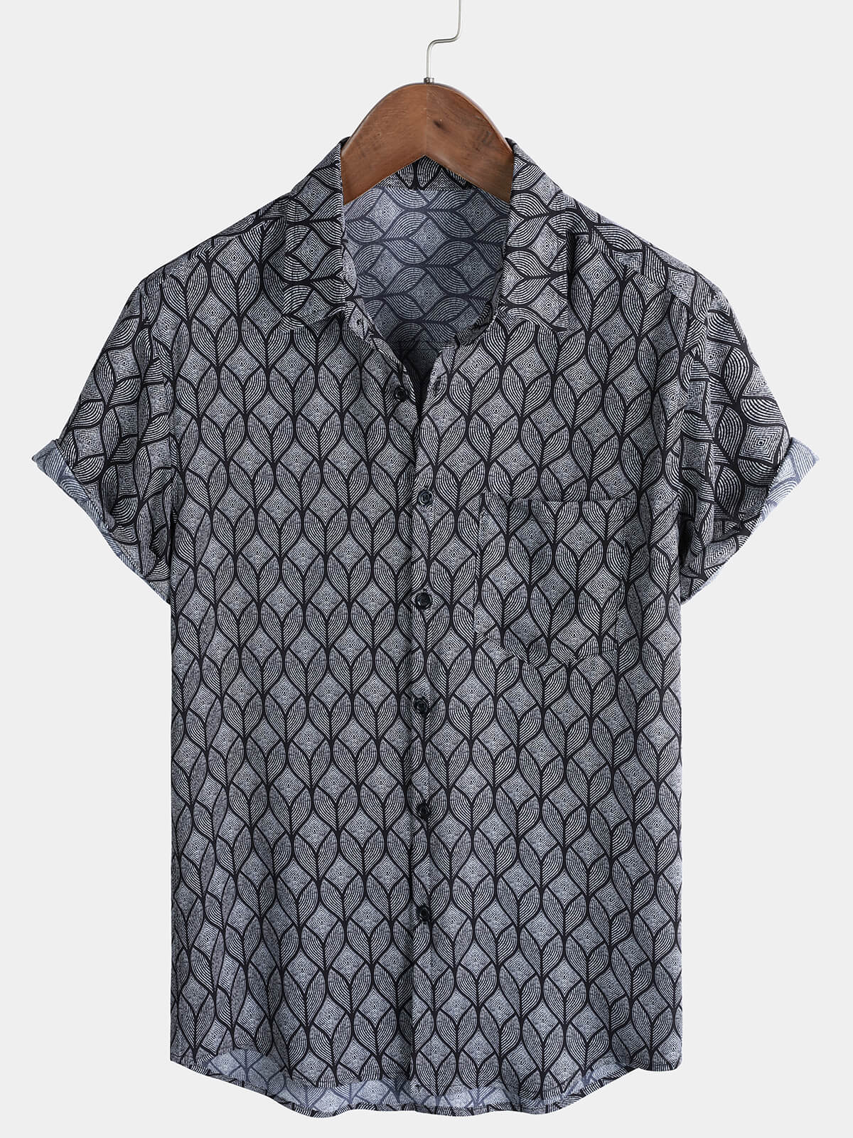 Chemise Homme Rétro Imprimé Géométrique Noir avec Poche à Manches Courtes