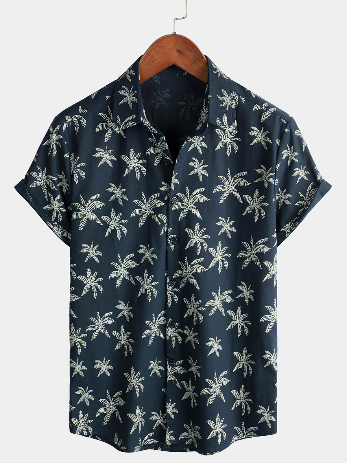 Chemise hawaïenne boutonnée à manches courtes en coton imprimé palmier bleu marine pour homme