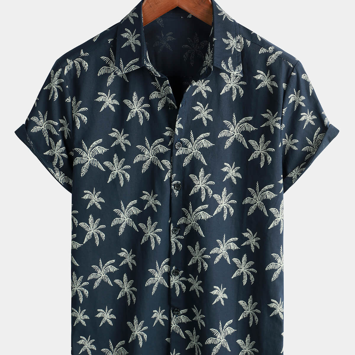 Chemise hawaïenne boutonnée à manches courtes en coton imprimé palmier bleu marine pour homme