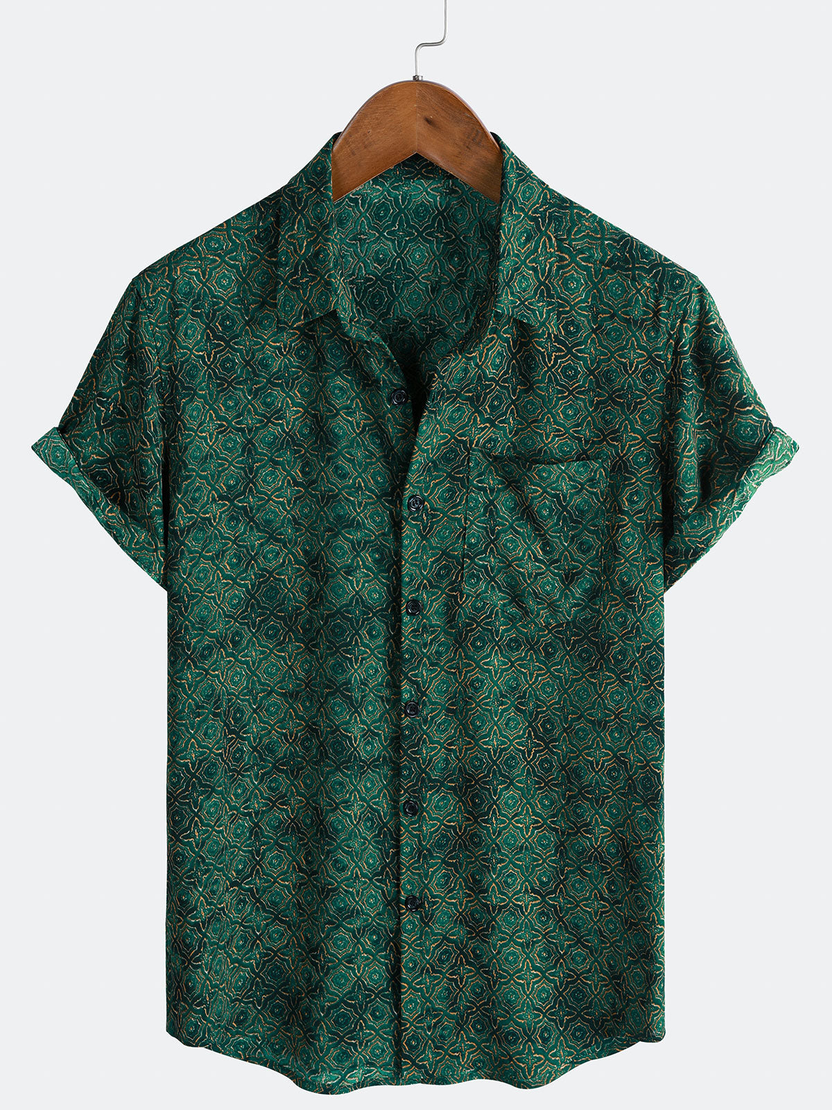 Chemise Homme Vintage Décontractée Imprimé Géométrique Vert à Manches Courtes