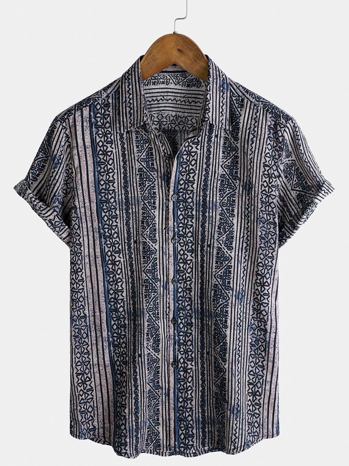 Chemise à manches courtes à rayures bleu marine style bohème pour homme