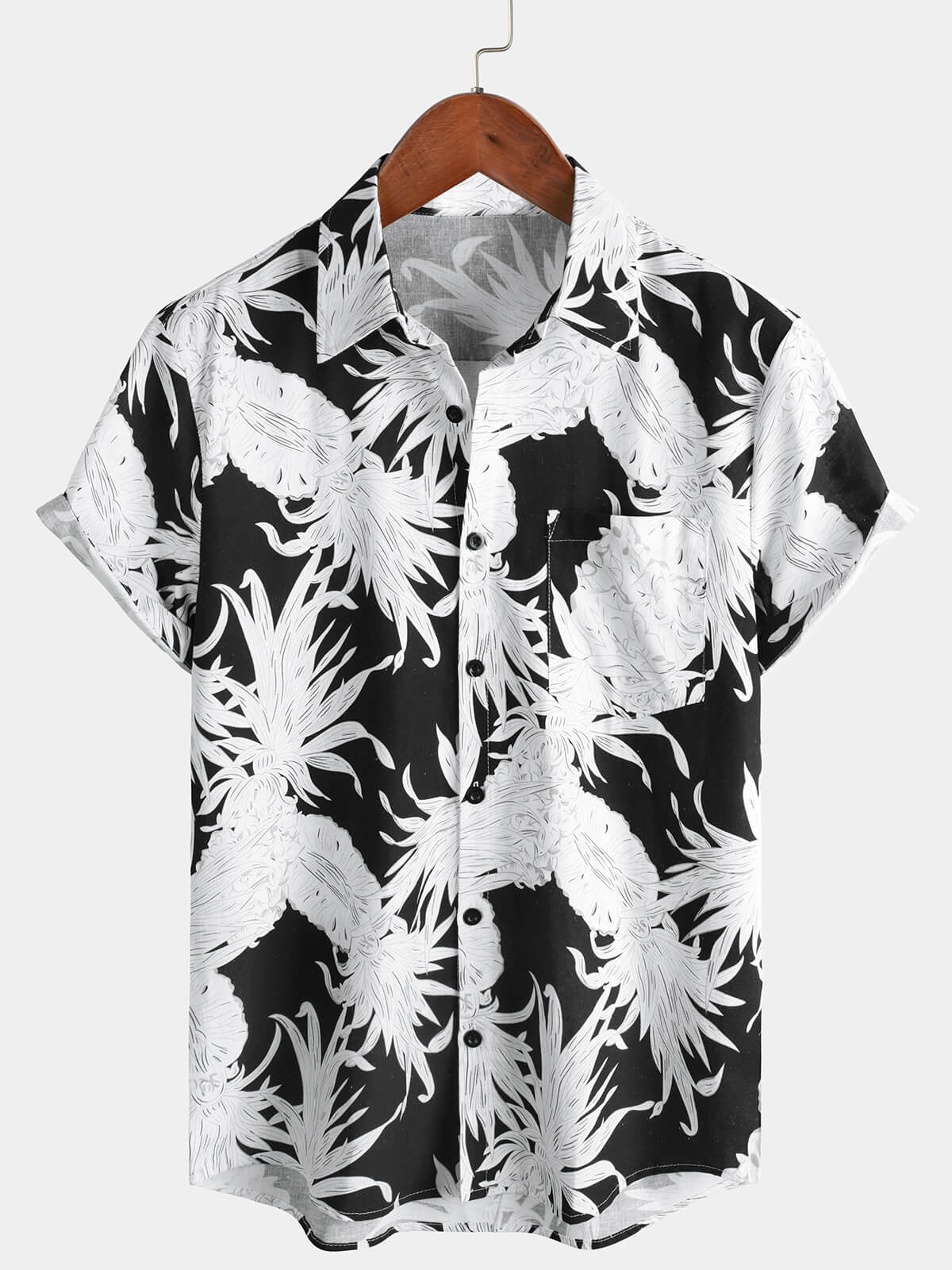 Chemise hawaïenne boutonnée à manches courtes en coton et lin imprimé ananas noir et blanc pour hommes