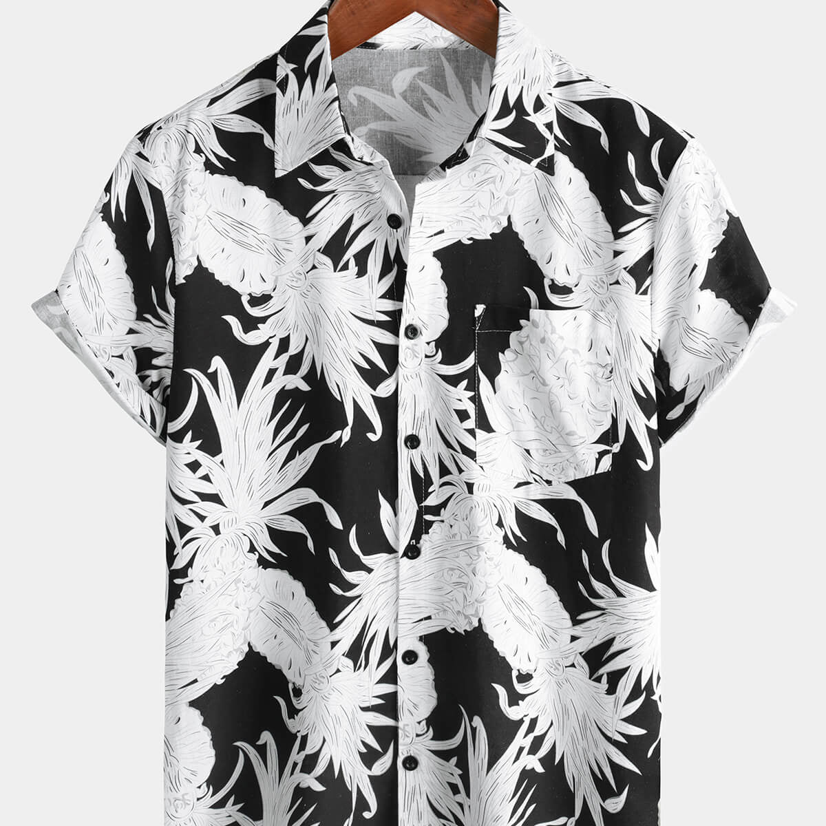 Chemise hawaïenne boutonnée à manches courtes en coton et lin imprimé ananas noir et blanc pour hommes