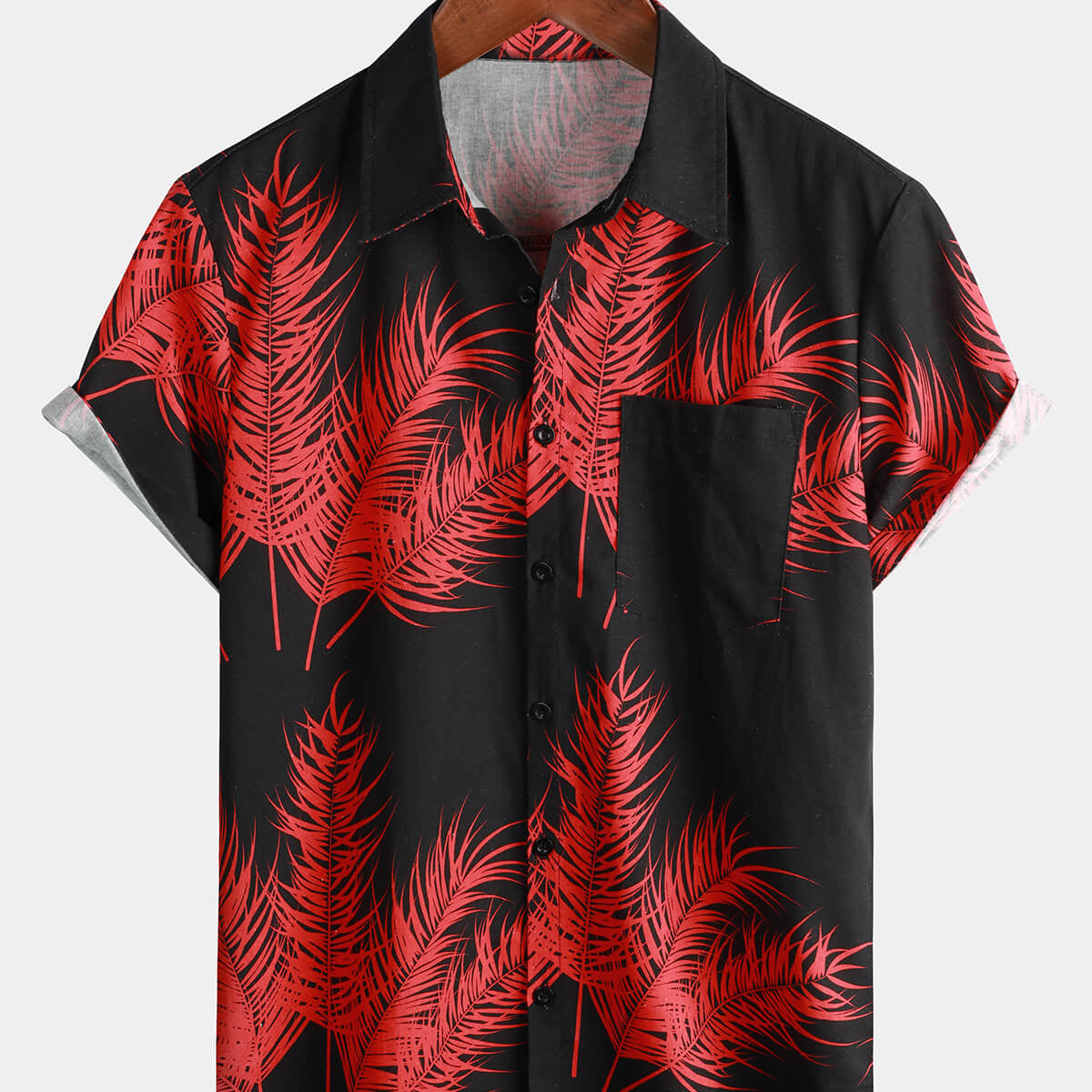 Chemise à manches courtes boutonnée en coton et lin imprimé feuilles de palmier hawaïennes pour hommes