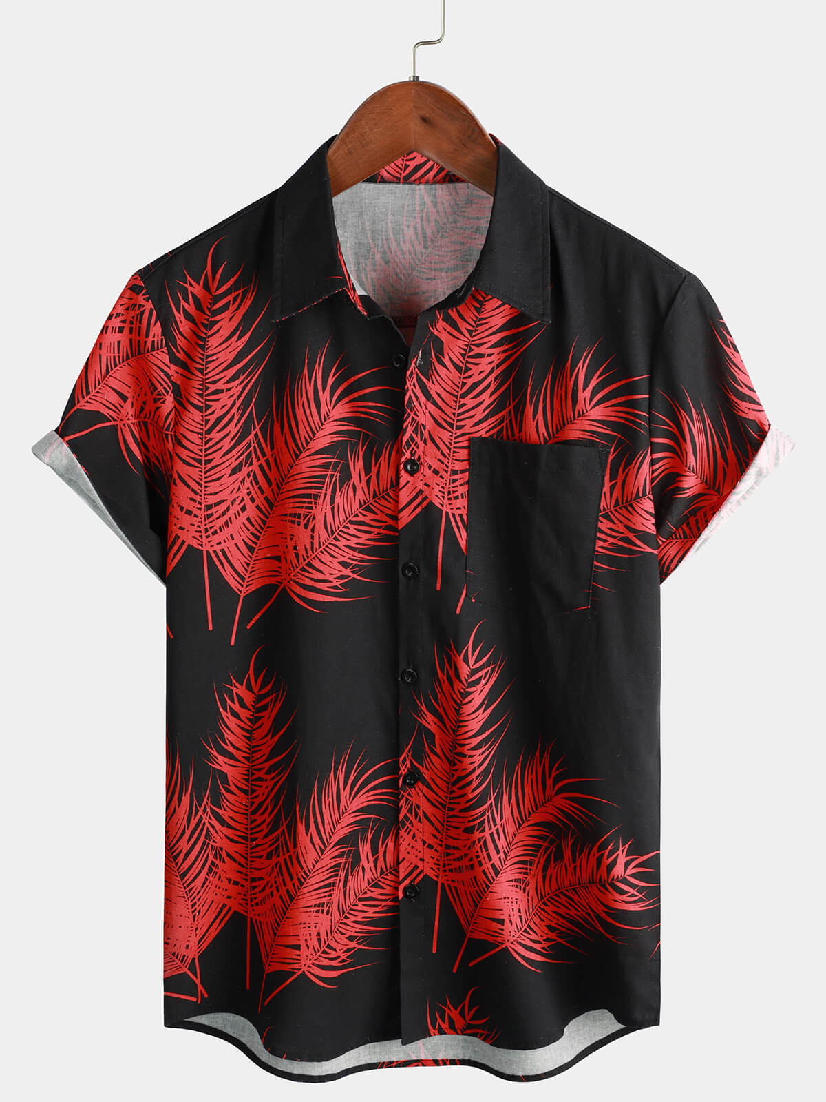 Chemise à manches courtes boutonnée en coton et lin imprimé feuilles de palmier hawaïennes pour hommes